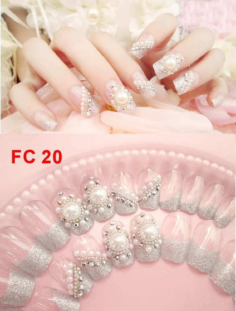 24pcs/set Elegant Fake Nails Black White Stripe Color Mix Chic Short False Nails with Pearl Rhinestone Square Acrylic Nails Tips-Nail Inspo