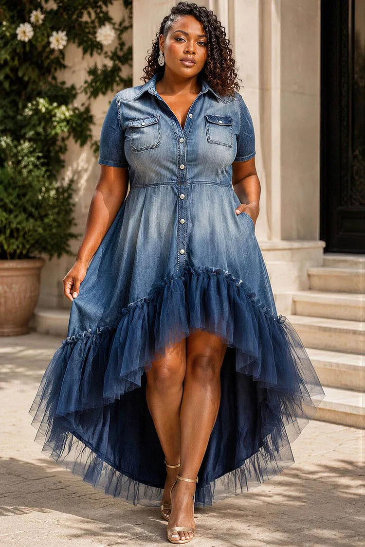 Xpluswear Design Plus Size Party Tulle Blue Shirt Collar Short Sleeve High Low Hem Contrast Denim Midi Dresses [Pre-Order] 2024 - Xpluswear