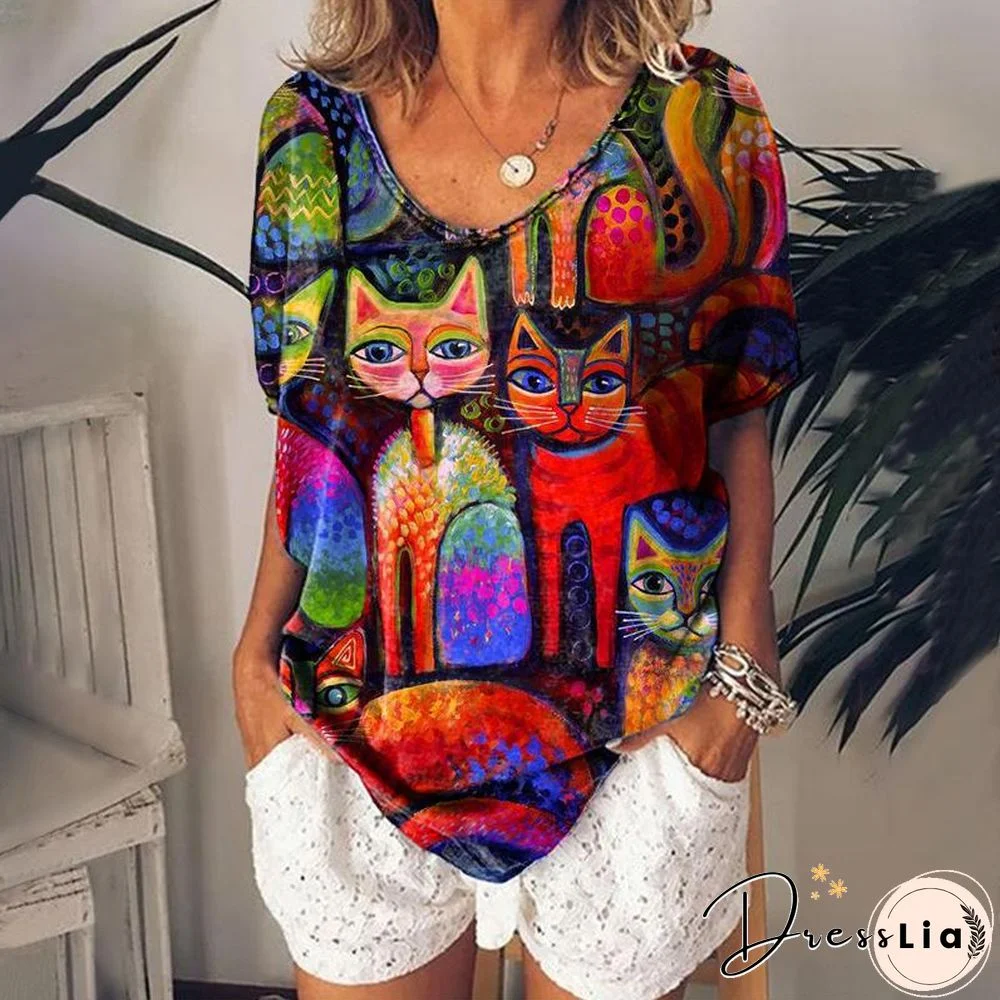 V Neck Black Cat Printed Pink T-Shirt