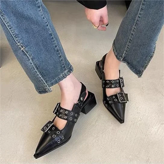 French Style Metal Buckle Pointed Small Leather Shoes  Stunahome.com