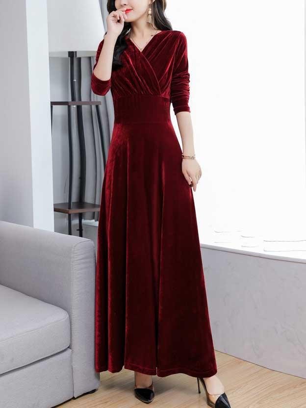 V neck plain slim defined waist velvet dress