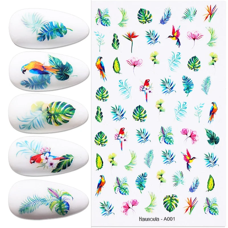 1 Sheet Flower Leaf Tree Green 3D Bronzing Nail Art Stickers Black White Sliders Summer DIY Decals for Nail Art Decoration