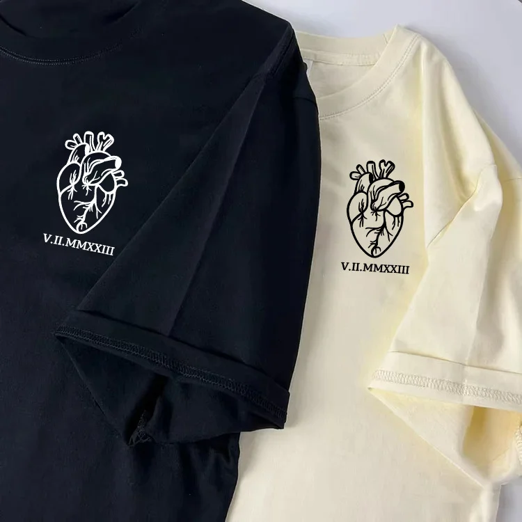 Custom Heart with Roman Date Printed Couple T-shirt For Couple Valentine's Day