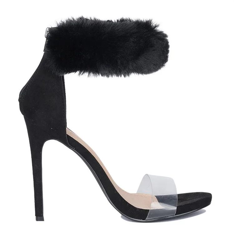 Black Fur Ankle Strap Sandals Open Toe Stiletto Heels Clear Shoes Vdcoo