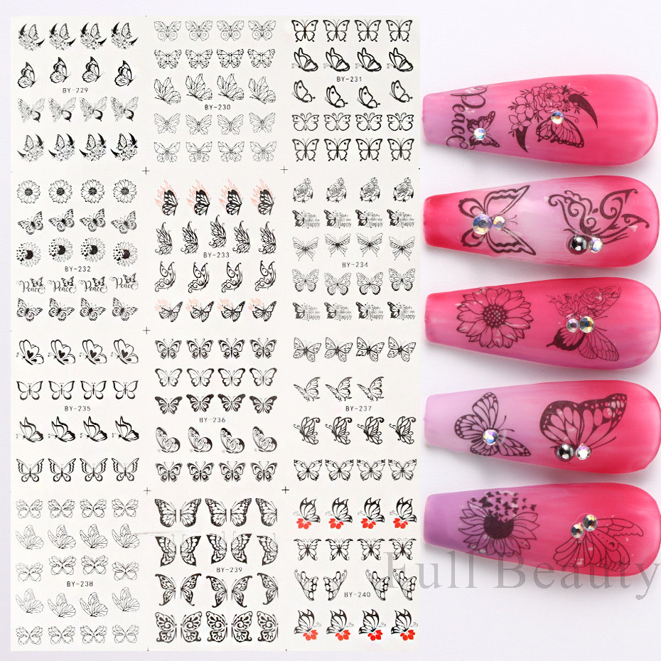 Bonusgud 12pcs Black Butterfly Water Nail Sliders Set Hollow Nails Design Flying Wings Stickers Drawing Pattern Manicure Transfer Foils