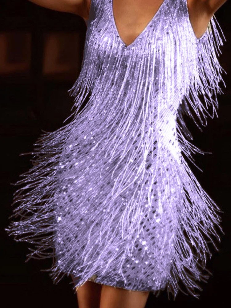 Women Elegant Solid Sleeveless Mini Dress Summer Fashion V Neck Feather Pencil Dress Office Lady Casual Sequin Tassel Dress