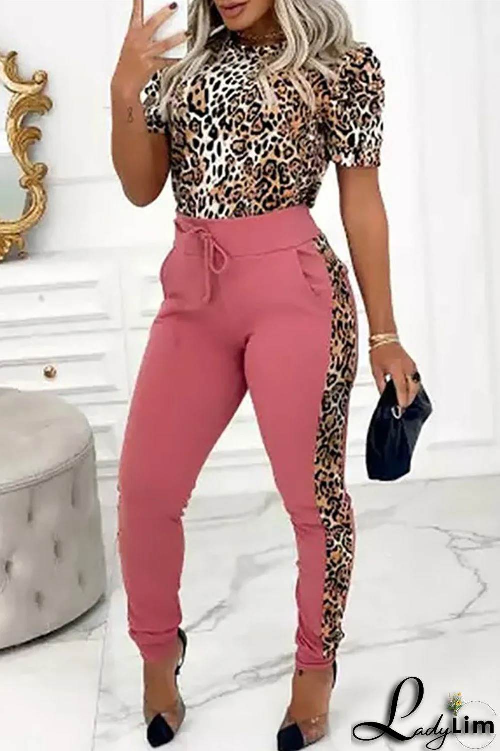 Pink Fashion Casual Print Split Joint O Neck Short Sleeve Two Pieces