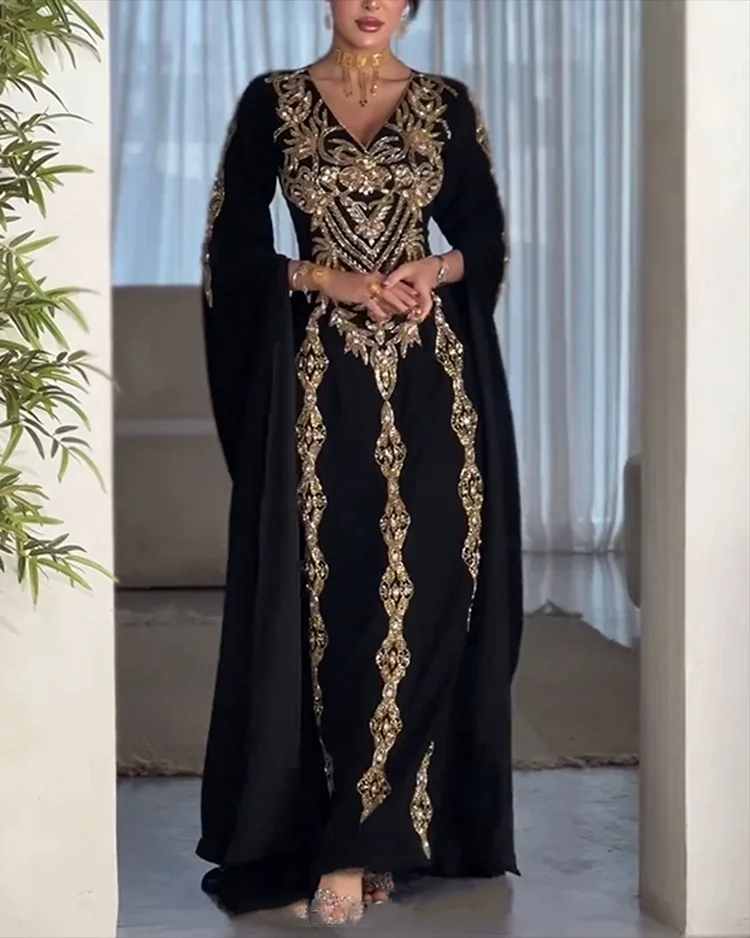 Women's V-neck slit long sleeve sequined Dress