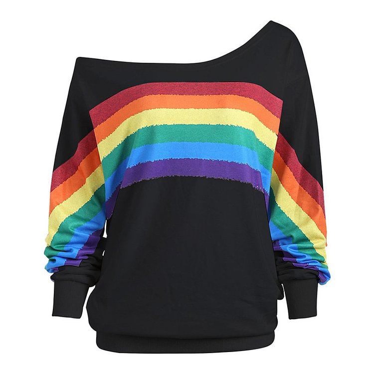 Rainbow Stripe Oblique Shoulder Sweatshirt - Modakawa Modakawa