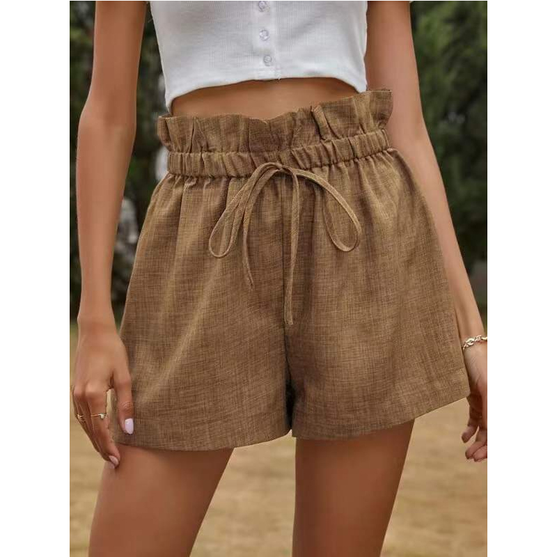 Casual Comfort Shorts Summer High Waist Lace-up Belt Loose Wide Leg Pants Drawstring Pleated Khaki Trousers Pantalons