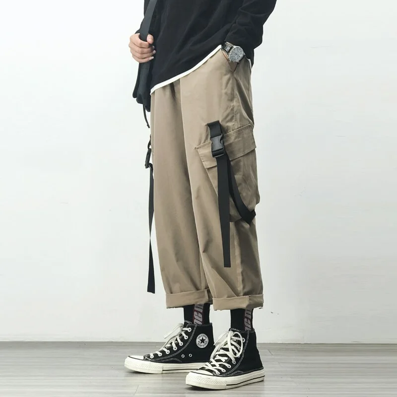 Wongn Harem Jogger Pants Men Streetwear Cargo Pants Hip Hop Ribbons Casual Mens Pants Ankle-length Men Trousers Ankle-length