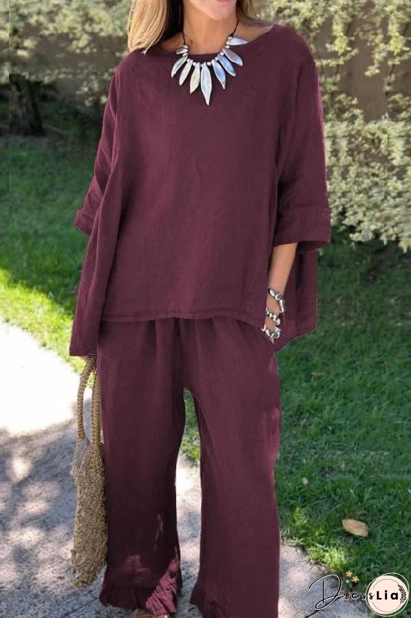 Casual Solid Color Loose Top & Pants Cotton Linen Two-piece Set