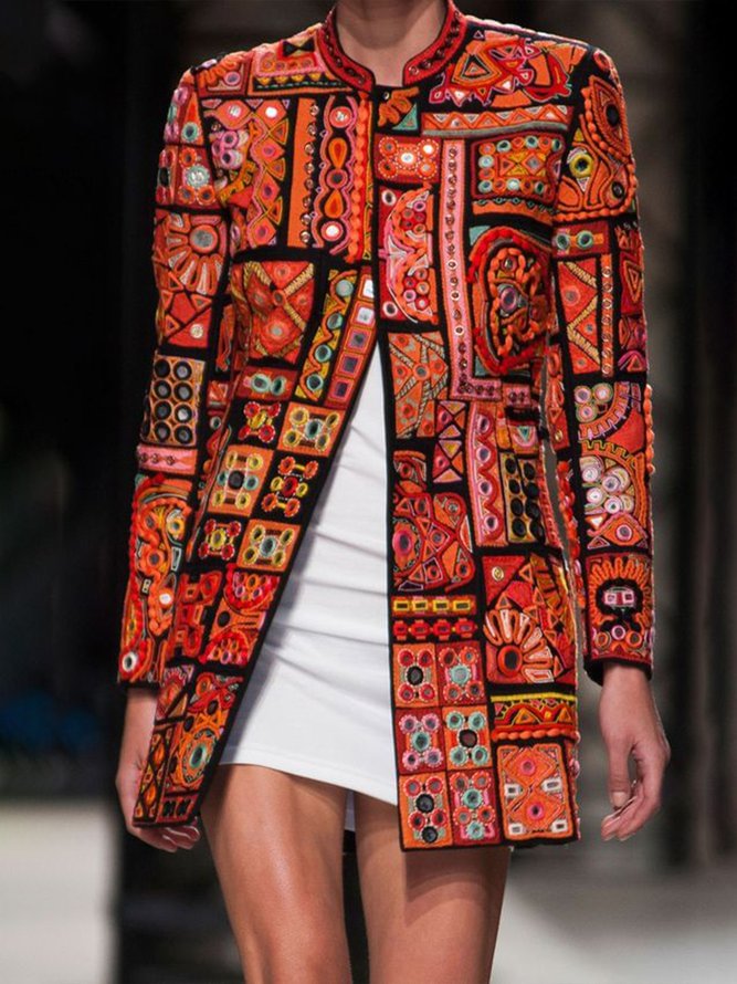 Orange Cotton-Blend Long Sleeve Graphic Coat Outerwear Zaesvini