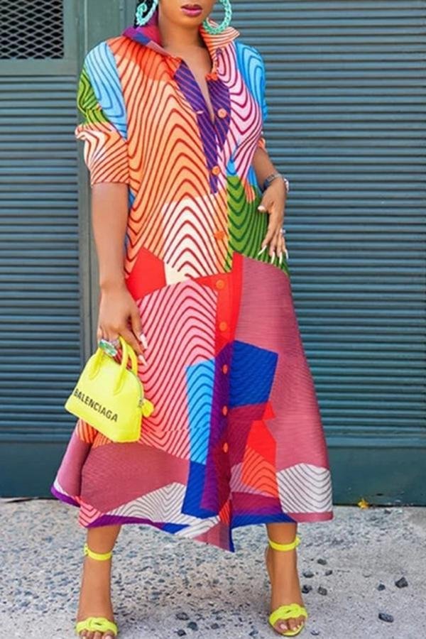 Fashion Half Sleeve Stand Collar Loose Print Maxi Dress
