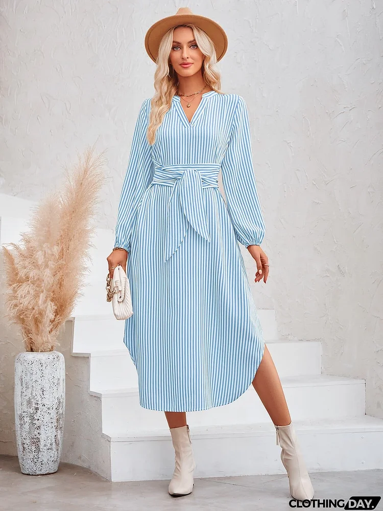 Striped Notched Neck Curved Hem Long Sleeve Dress