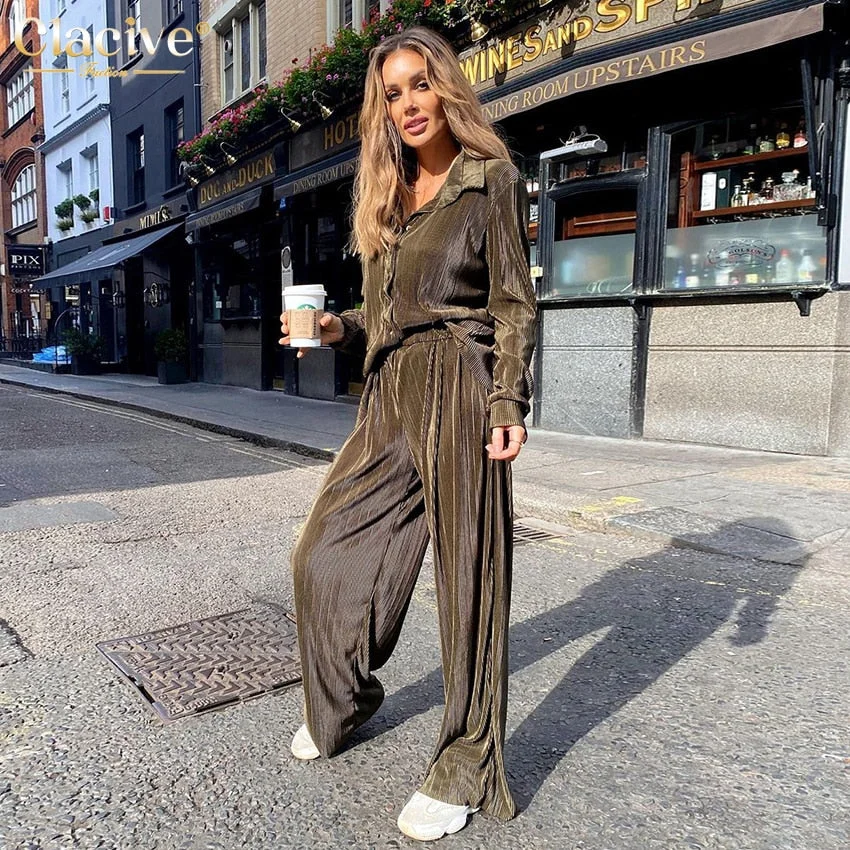 Clacive Casual Loose Shirts Pants Set Woman 2 Pieces Elegant Brown High Waist Pant Suits Fashion Pleated Home Wide Trouser Suits