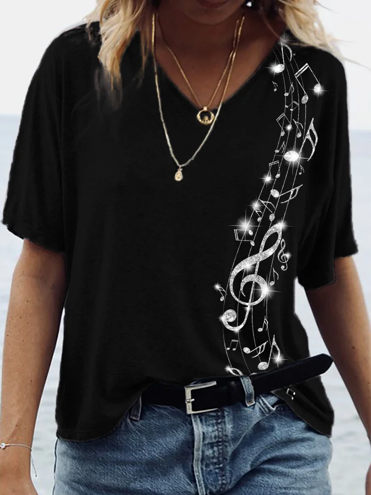 Classy Glitter Music Notes V Neck T Shirt