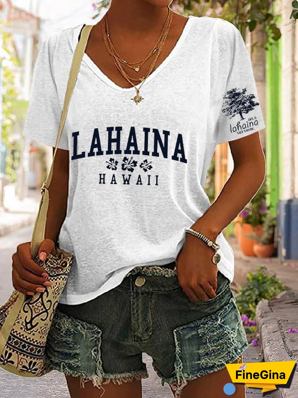 Women's Lahaina Strong Hawaii Tree of Life Aug 8 Print V-Neck T-Shirt