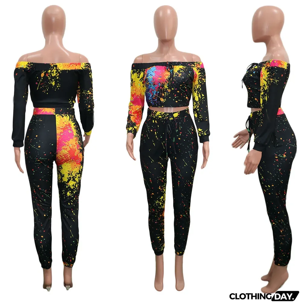 Casual Printed Off Shoulder Long Sleeve 2 Piece Suits