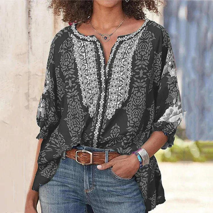 Ethnic Doll Sleeve Vintage Print Long Sleeve T-Shirt