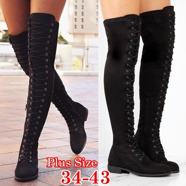 NEW Women Low-heeled Long Boots Over the Knee Boot Lace Up Thigh High Boots Flats Shoes - Shop Trendy Women's Clothing | LoverChic