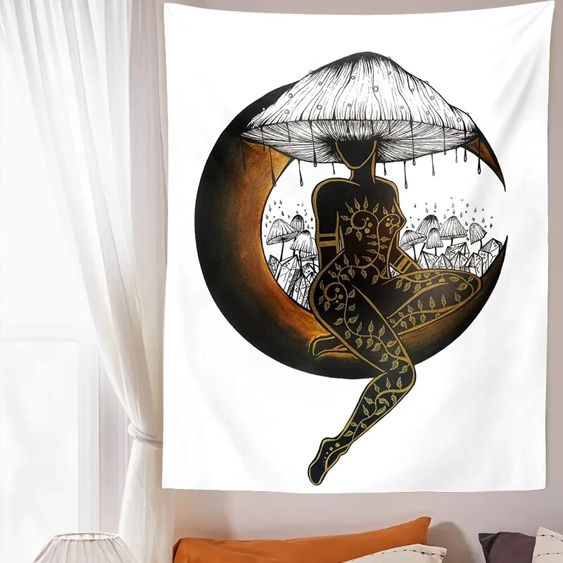 Mushroom queen Tapestry Wall Hanging crystals botanical fungi art black White witchy Living Room Psychedelic Wall Art Decor