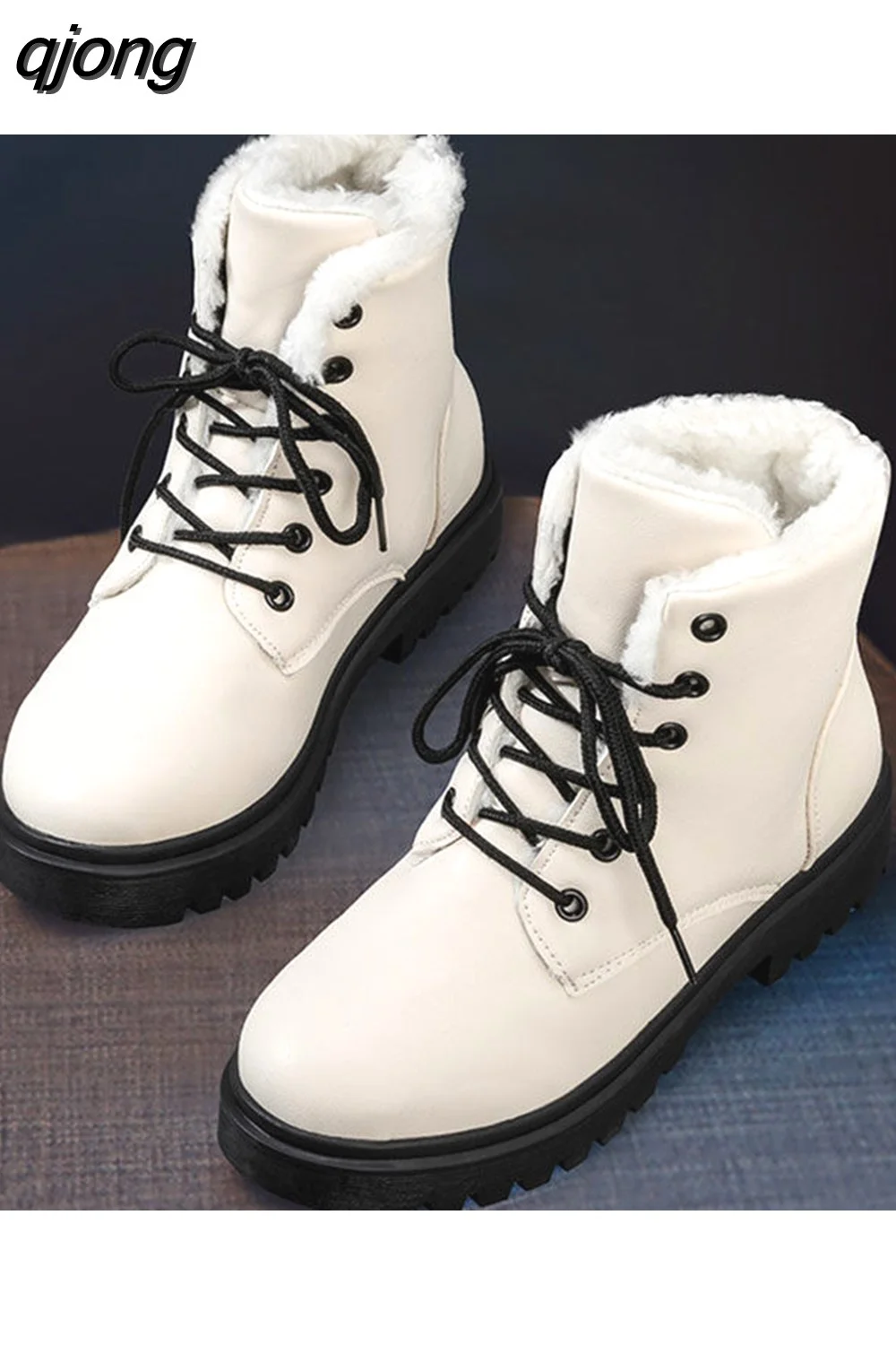 qjong New Snow Boots Plus Velvet Cotton Shoes Patent Leather Womens Platform Heels Shoes Lace-up Short Plush Warm Women&#39;s Shoes