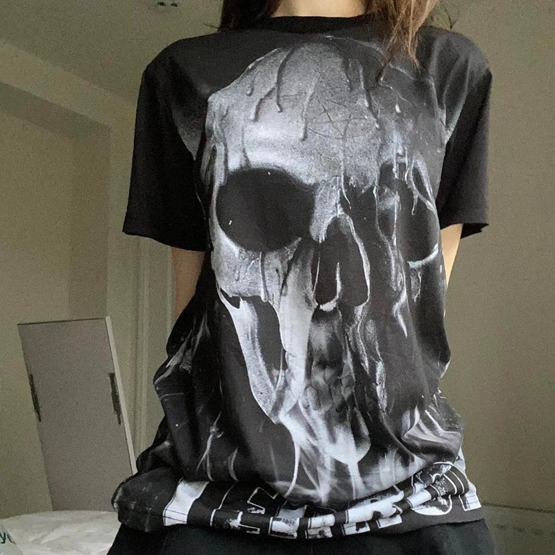 OLCooL Y2K Emo Vintage Mall Goth Graphic Crop Tops 00s Retro Skull Print Loose T-shirt Cyber Grunge Short Sleeve Tee Hip Hop Punk Women olcool