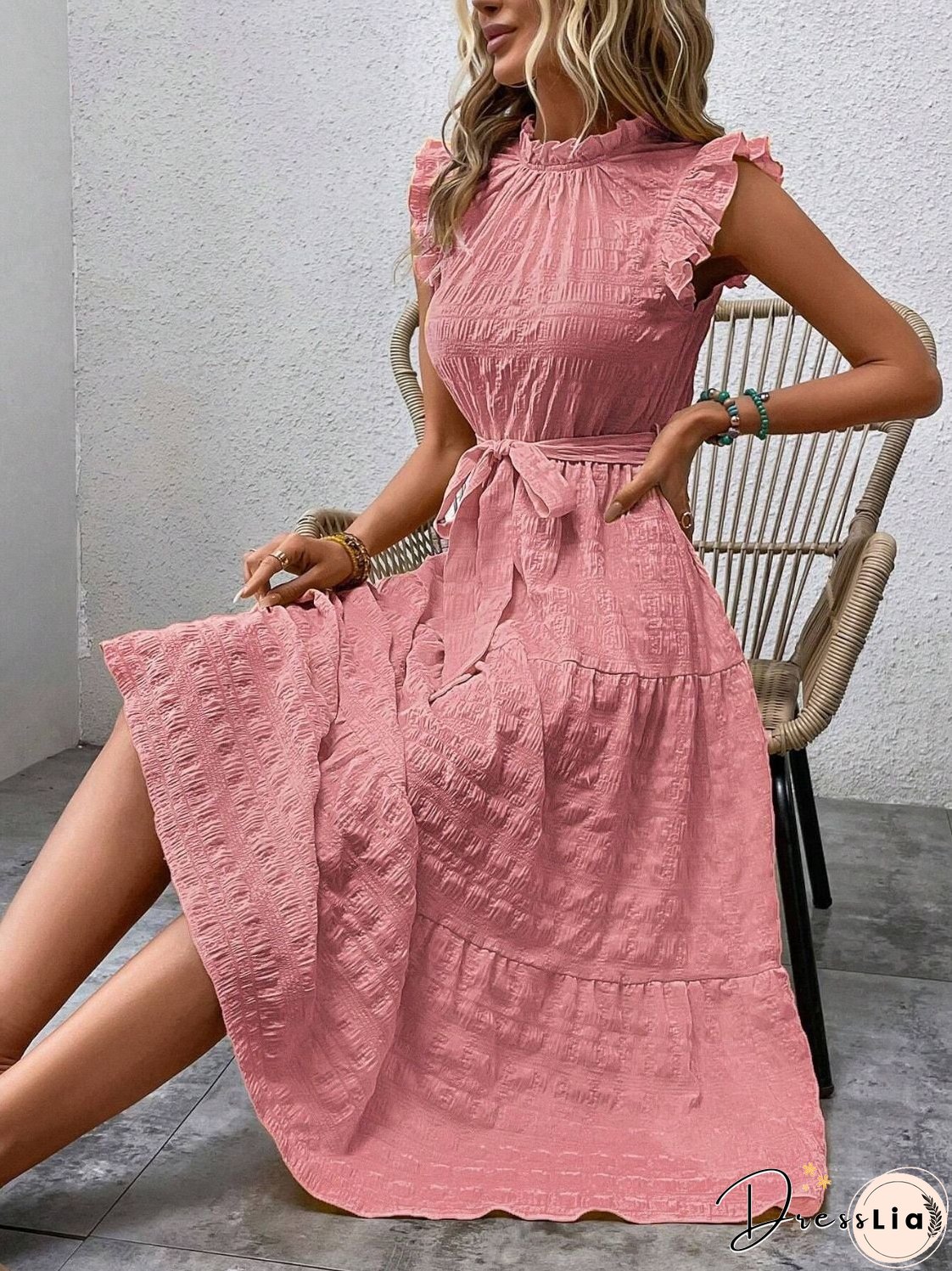 Tied Ruffled Cap Sleeve Midi Dress