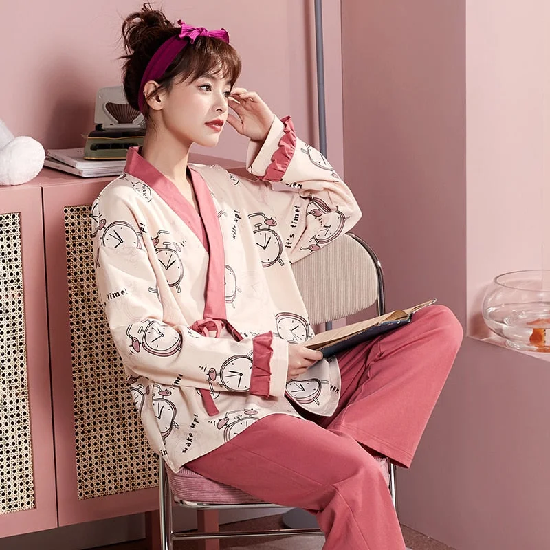 New Kimono Straps Style Pyjamas Set spring Autumn Woman Full Elegant Home Sleepwear Clothing Soft Full Cotton Women Pajamas Set