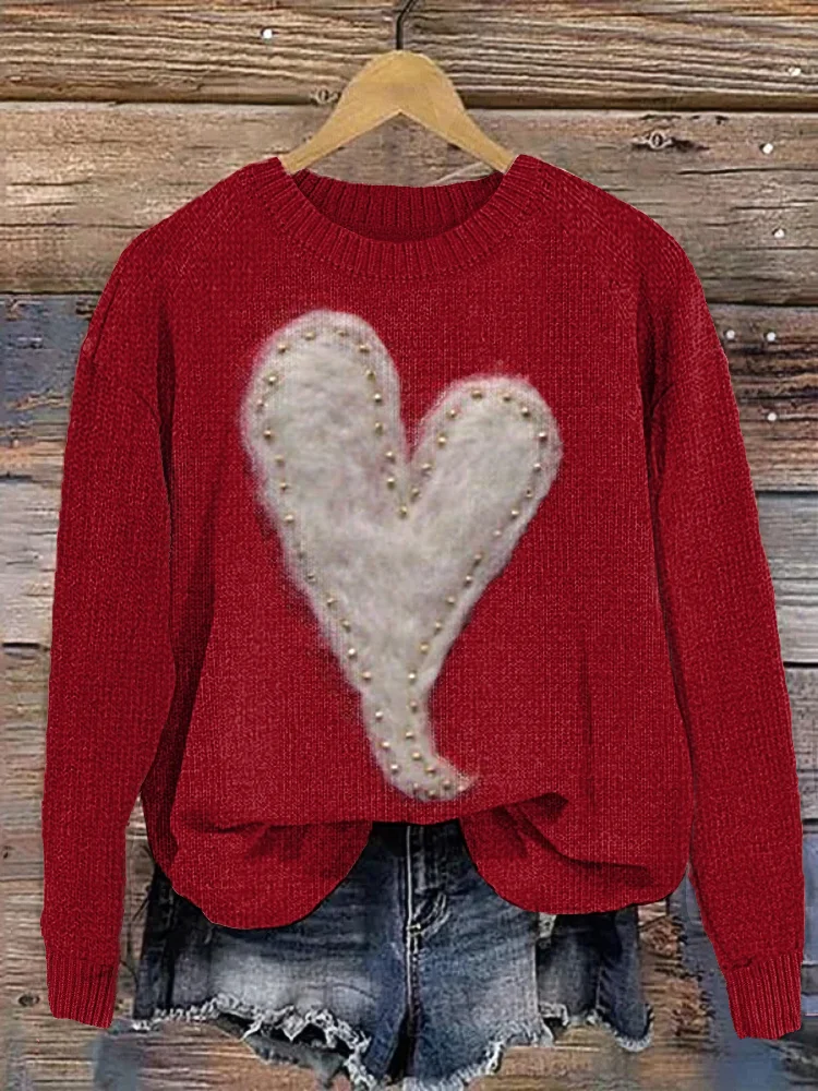Comstylish Valentine's Day Hearts Felt Art Casual Cozy Knit Sweater
