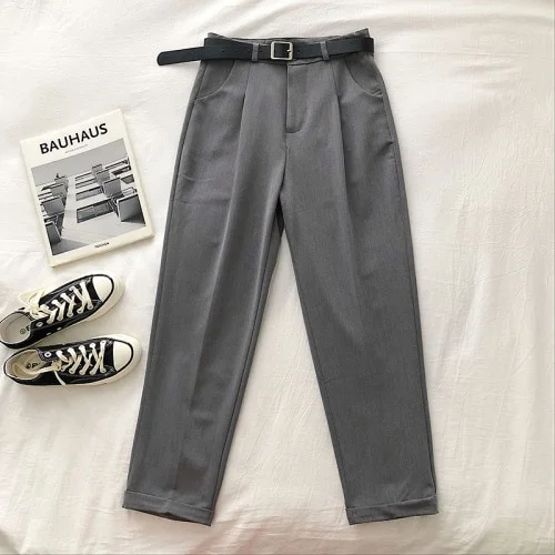 Woherb Gray Pants Woman with Belt High Waist Elegant Straight Leg Pants Office Lady Business Chic Baggy Trousers Woman Clothes