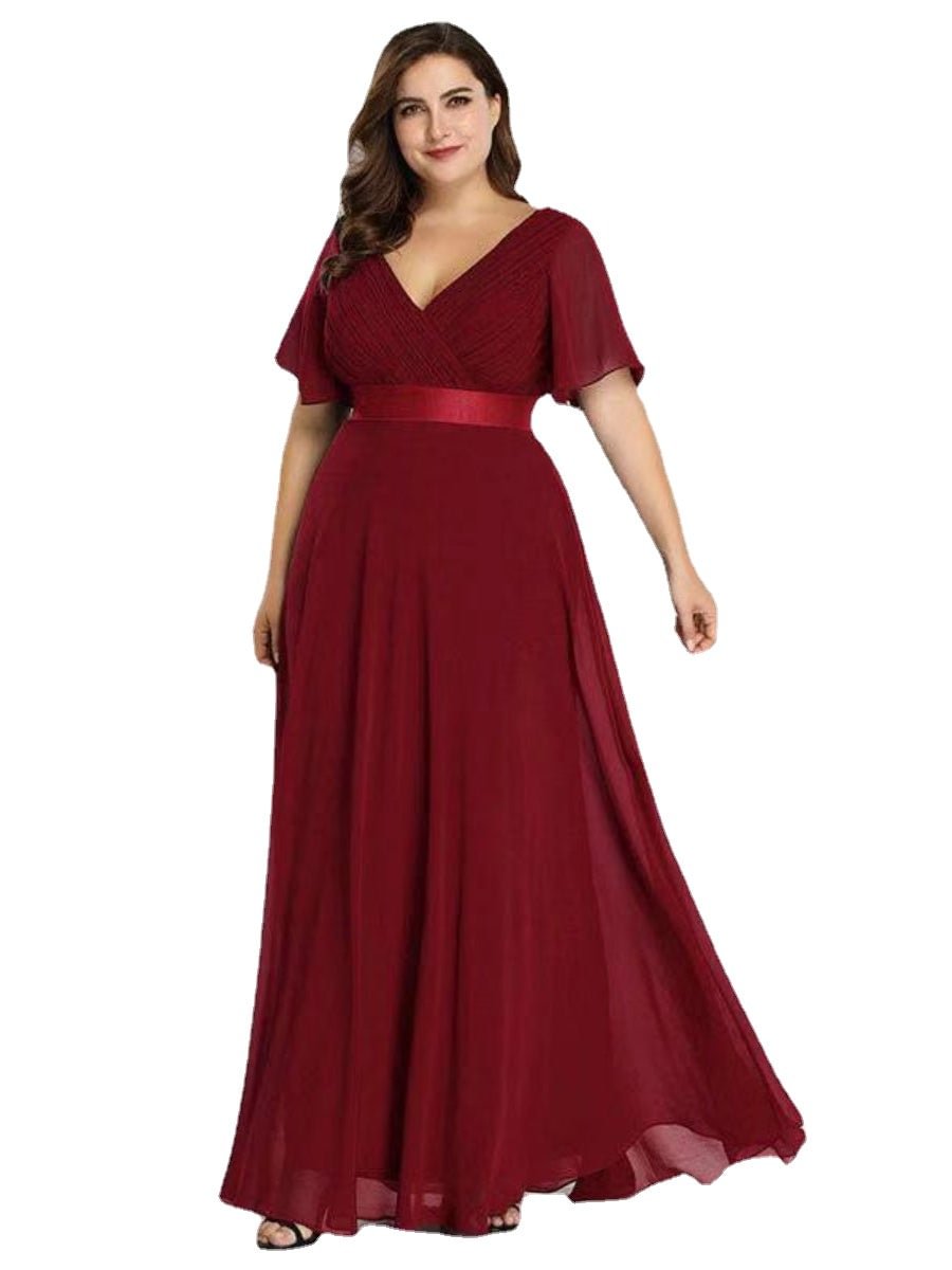 Chiffon Dress Plus Size V-Neck Wrap Bandage Maxi Bridesmaid Dresses