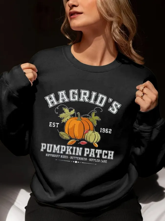 Women's Hagrid's Pumpkin Patch Halloween Pumpkin Print Round Neck Long Sleeve Sweatshirt 