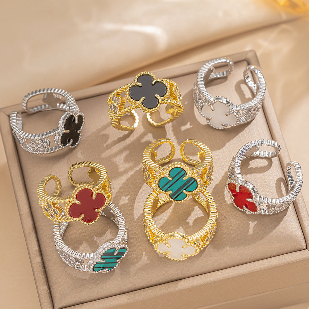 Ring Niche Four-Leaf Clover Zircon Ring Female Retro Open Adjustable Ring