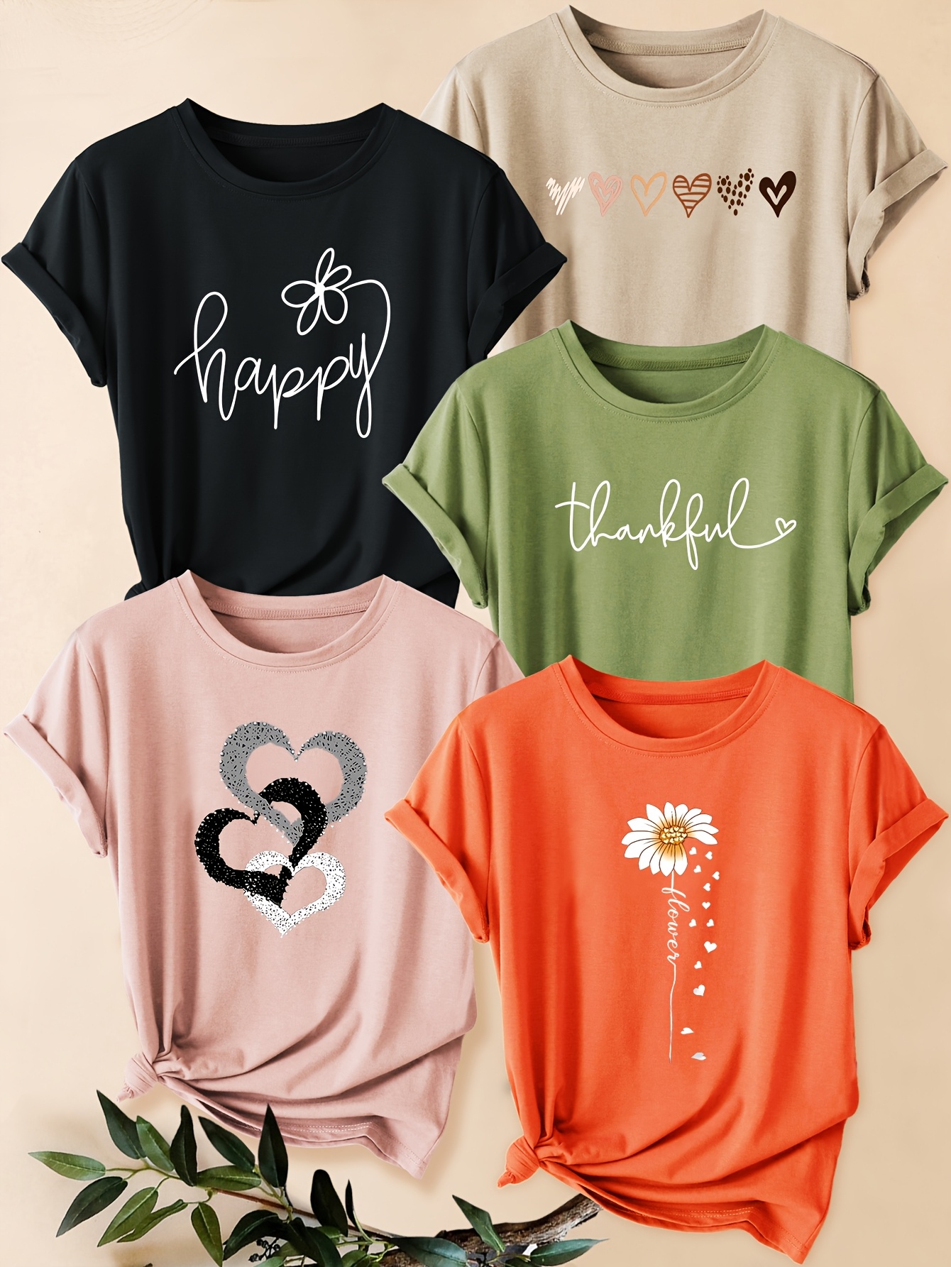 5pcs Women's Vintage Graphic T-Shirts - Happy, Thankful & Heart Daisy Print Round Neck Tees, Soft Stretchy Fabric, Machine Washable, Spring Summer Fall Casual Wear, Multi-Color Options S-Xxl, Ladies T Shirts, Seasonal Fashion, Playful Prints | IFYHOME
