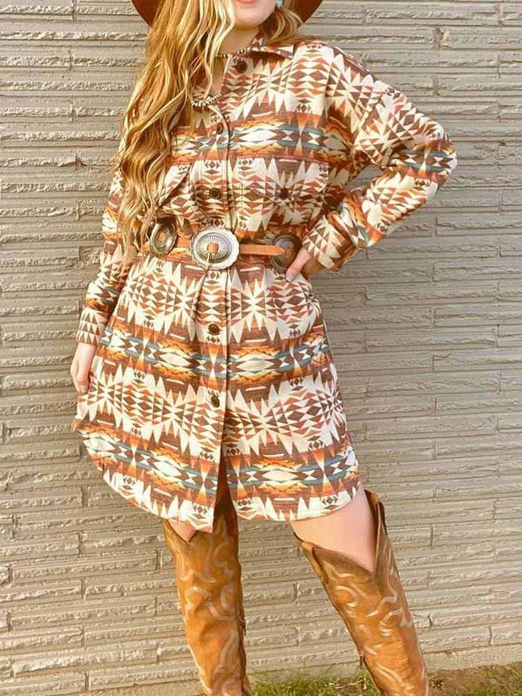 Khaki Aztec Print Denim Mini Dress