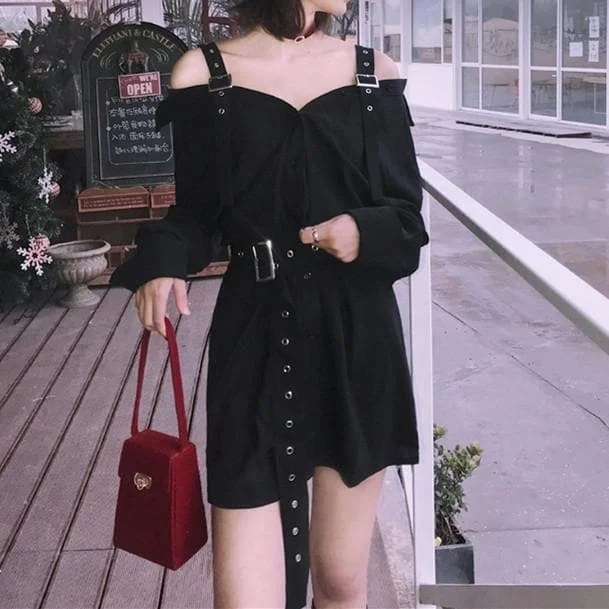 Black Harajuku Gothic Off Shoulder Shirt Dress S13165