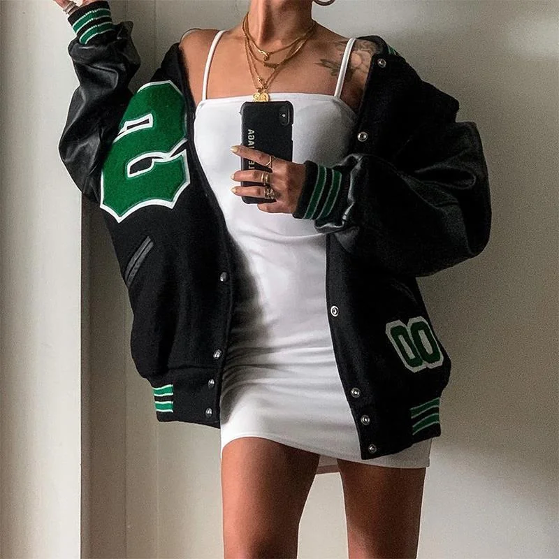 College Bomber Jacket Women Coats Hip-Hop Baseball Harajuku Streetwear Casual Outerwear Loose Stitching IG Style Varsity Jacket