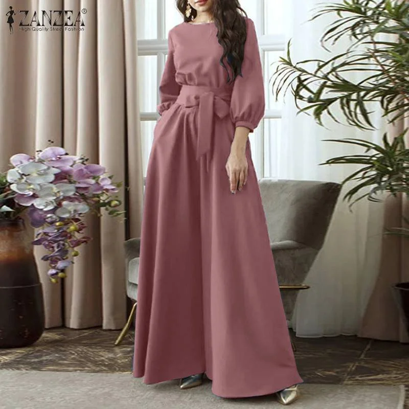 Elegant Party Sundress ZANZEA  Vintage Summer 3/4 Sleeve Solid Dress Women Spring Vestidos Casual Maxi Long Dresses