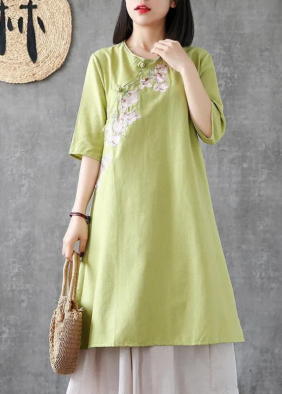 Women embroidery Chinese Button linen Catwalk green Dress