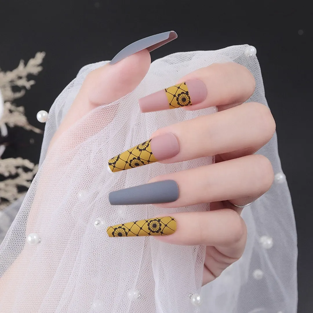 24pcs French Ballerina Fake Nails Detachable Mixed Pink Black Marble Coffin Shaped False Nails Geometric Press On Nails-Nail Inspo