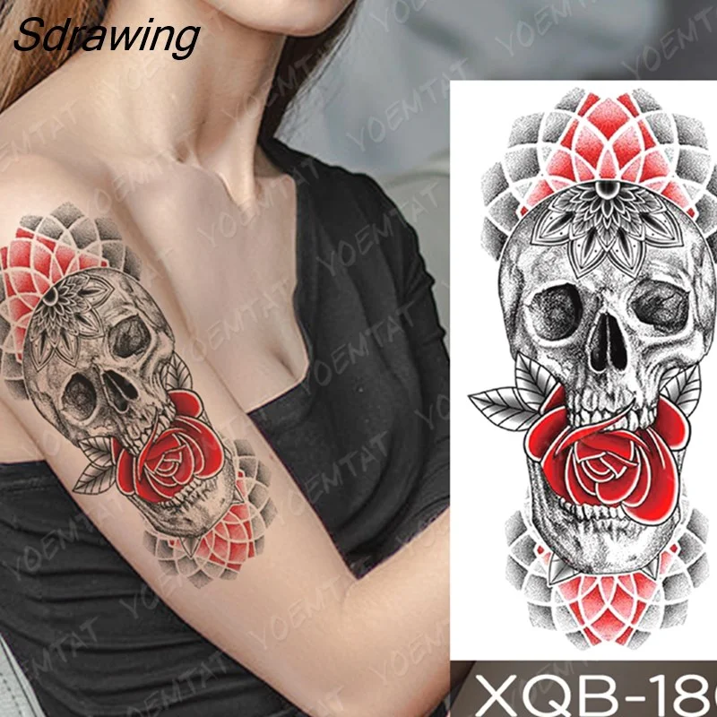 Sdrawing Temporary Tattoo Sticker Rose Snake Flower Tattoos Lace Tiger Dragon Body Art Arm Fake Sleeve Tatoo Women