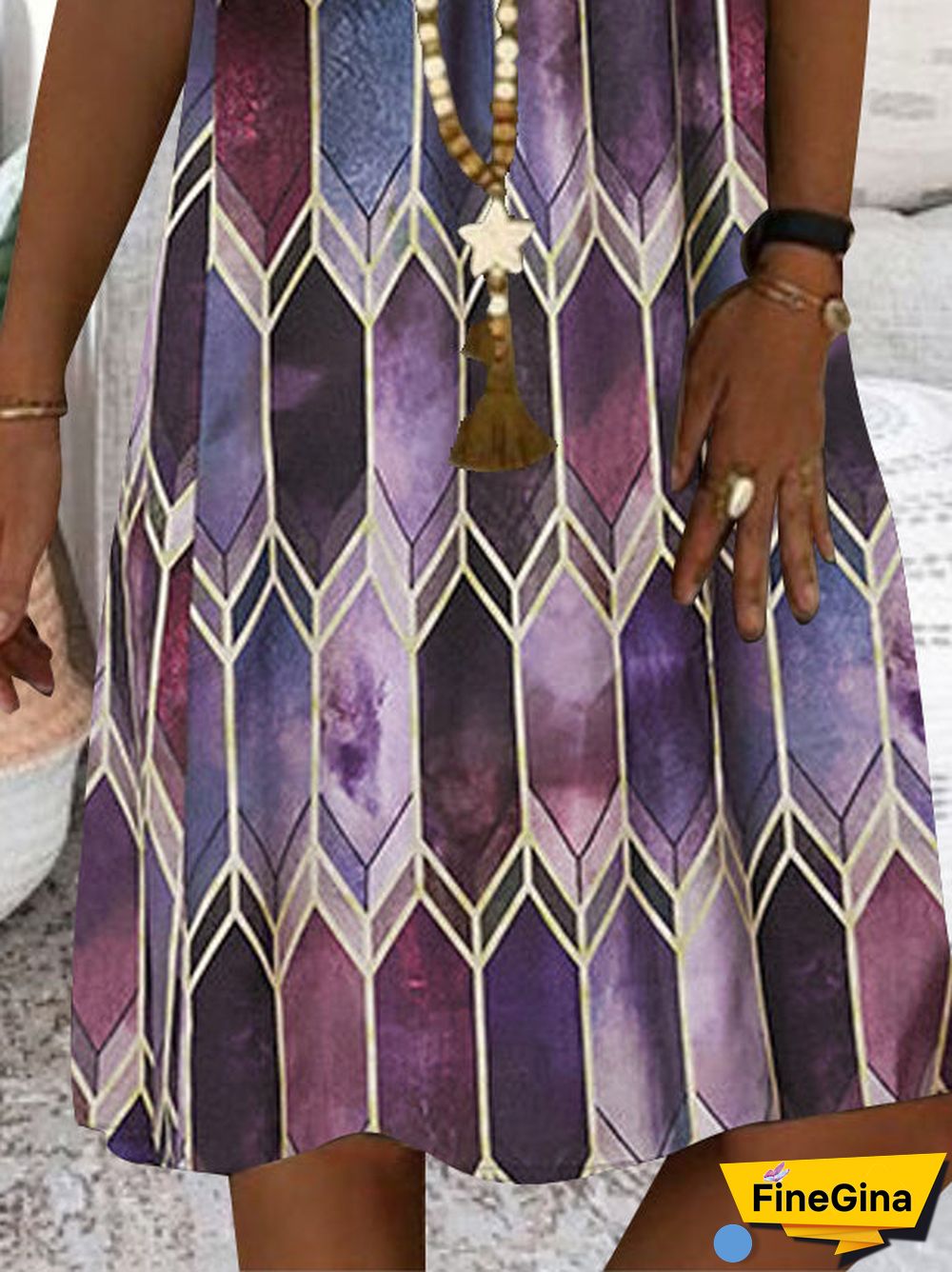 Women Purple Sleeveless V-neck Printed Midi Dress