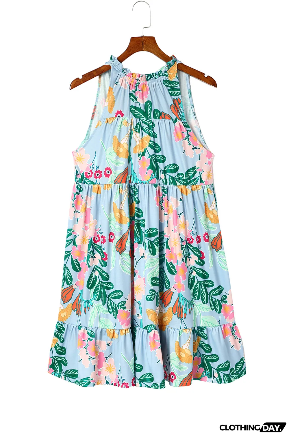 Sky Blue Floral Print Ruffled Lace-up Mock Neck Mini Dress