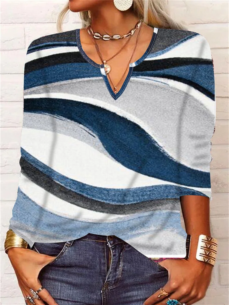 Women's Long Sleeve V-neck Printed Graphic Tops