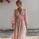 Vintage Pink Roses Glitter Floral Flowy Linen Maxi Dress - Image 2