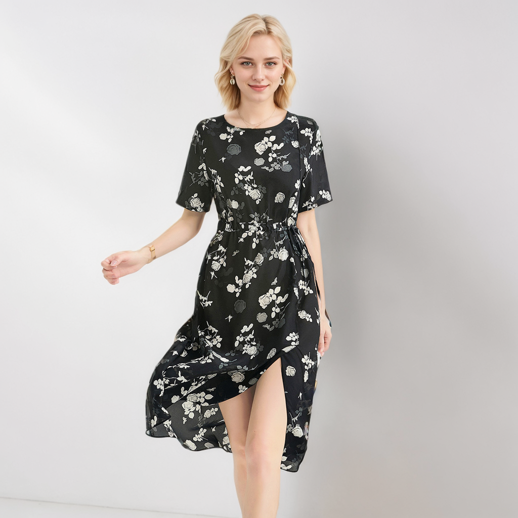 Black Silk Dress Irregular Slit Hem Office Style REAL SILK LIFE