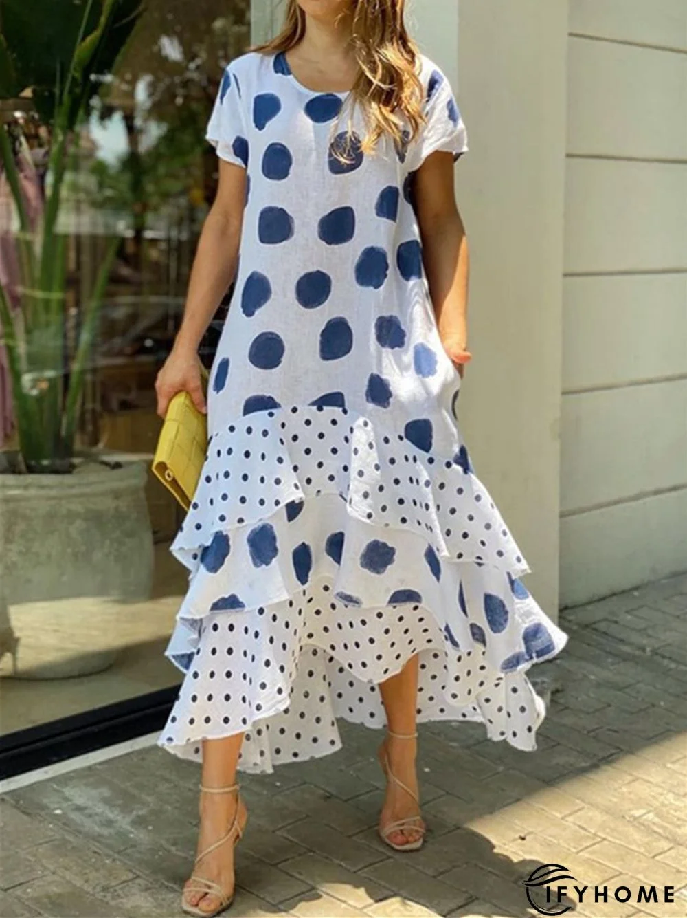 Short-Sleeved Round Neck Polka Dot Long Dress Plus Size Women Dress | IFYHOME