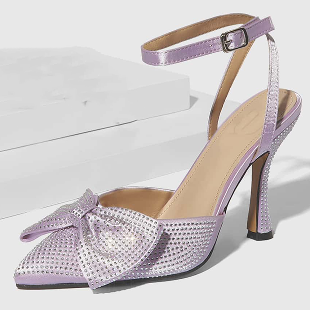 Purple Satin Closed Toe 3'' Flared Heel Ankle Strap Pumps with Bow Nicepairs